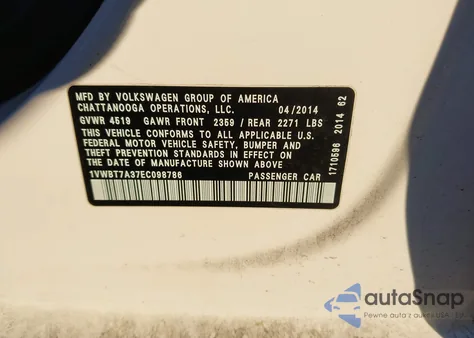 2014 Volkswagen Passat 1.8T Se from USA, damaged, VIN 1VWBT7A37EC098786